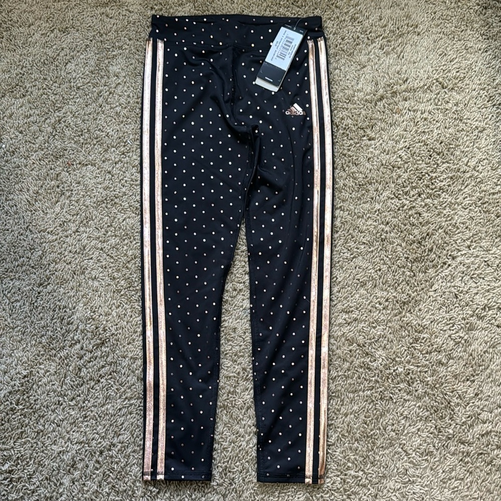 Adidas NEW Polka Dots Leggings Black with Rose Gold / Copper Dots Size 7/8 Small